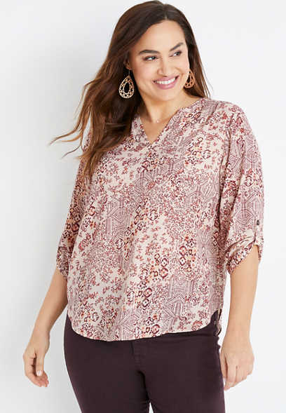 Plus Size Atwood Patchwork 3/4 Sleeve Popover Blouse
