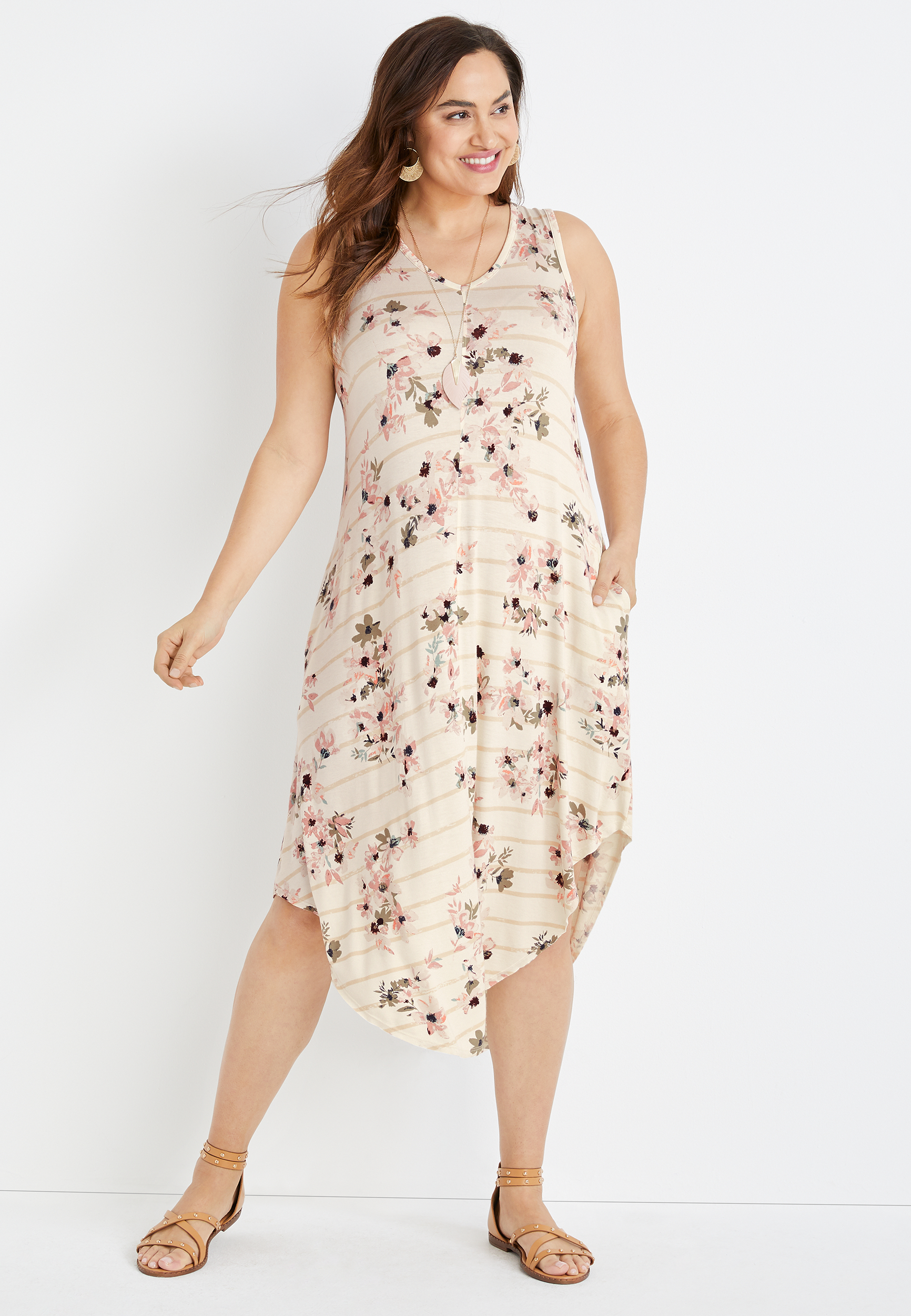 Plus Size 24/7 Floral Stripe Midi Dress | maurices