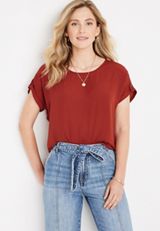 Delton Solid Zipper Back Blouse, , small