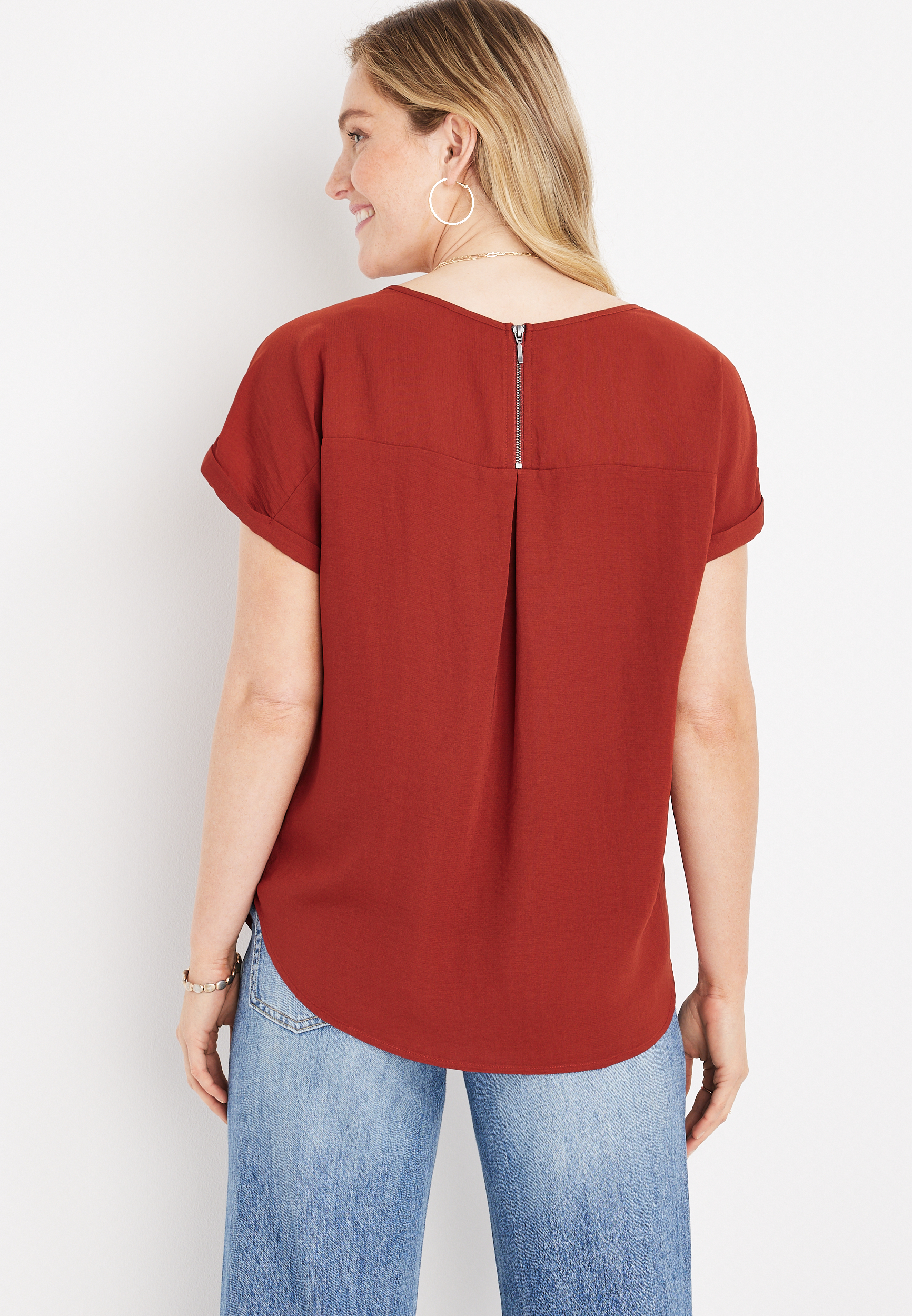 Delton Solid Zipper Back Blouse, , large
