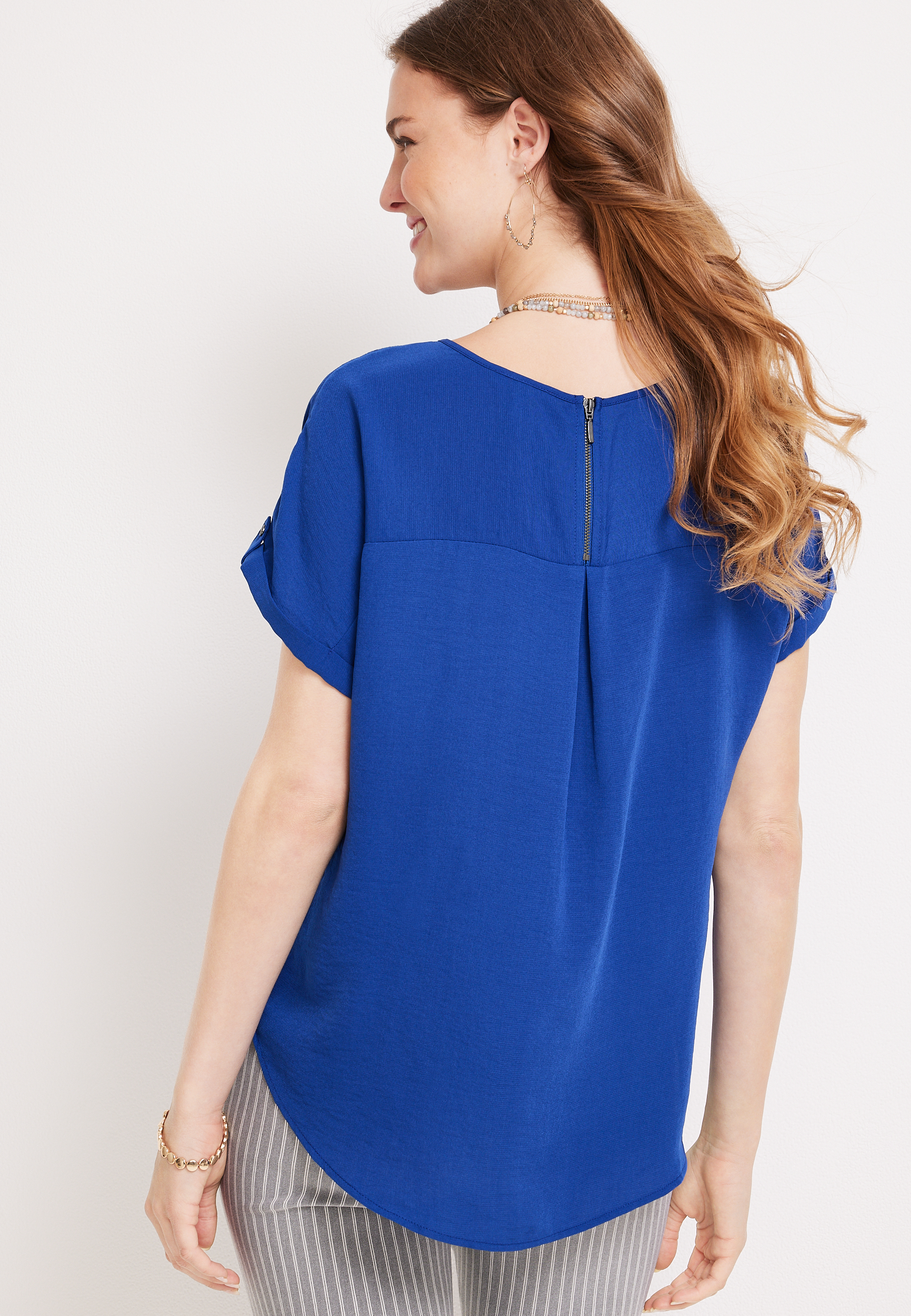 Delton Solid Zipper Back Blouse, , large