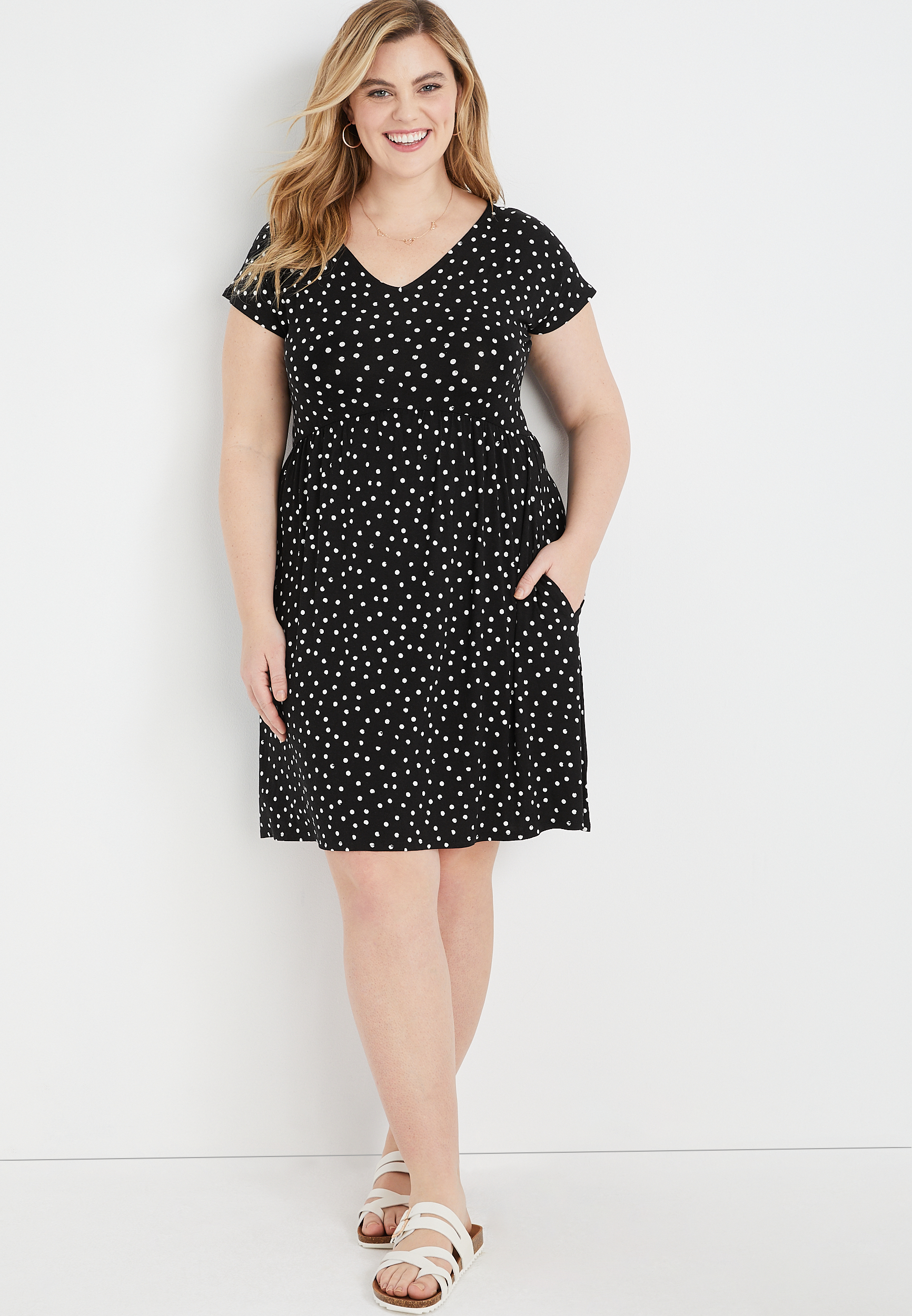 Plus Size 24/7 Polka Dot Short Sleeve Babydoll Mini Dress | maurices