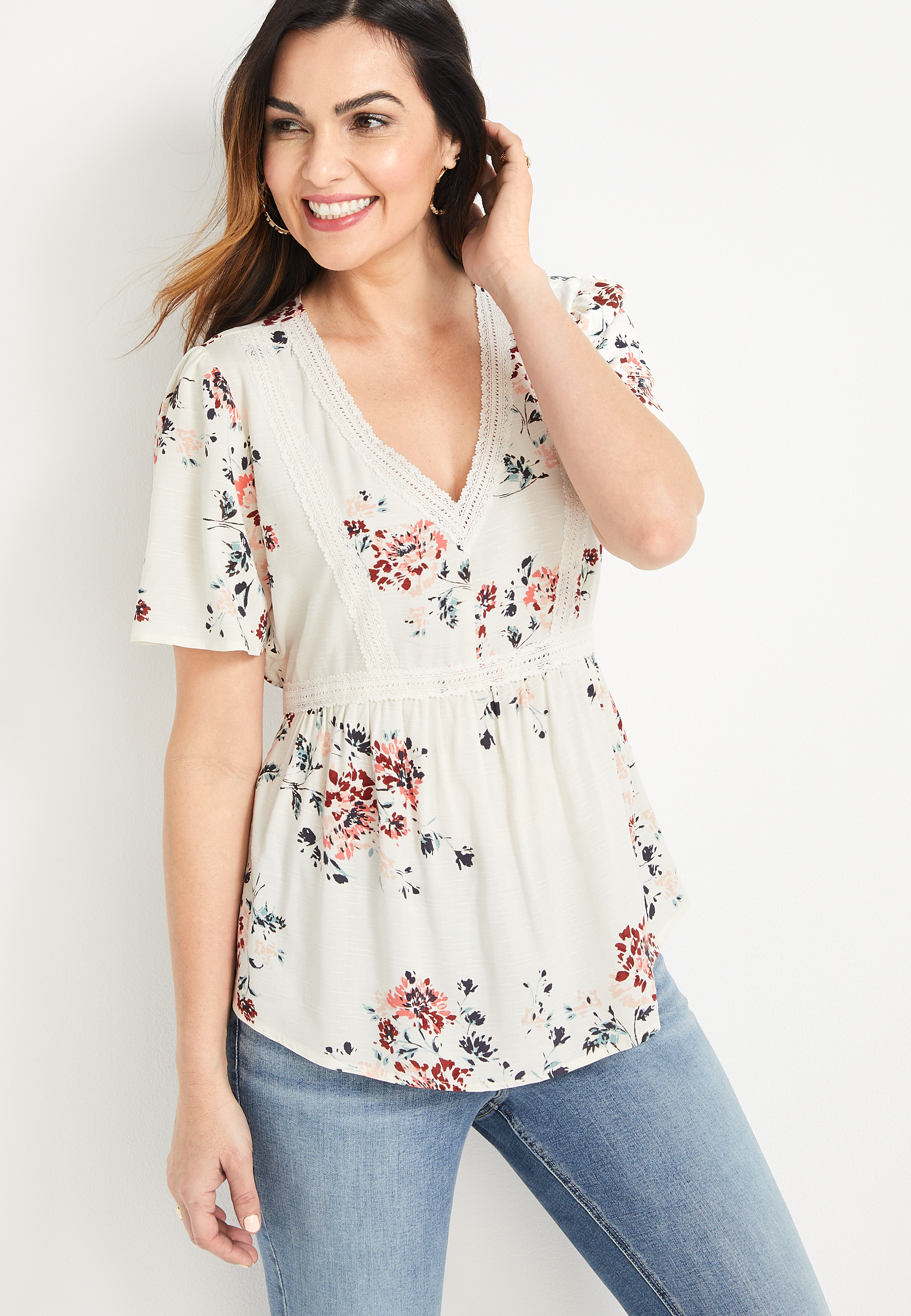 Floral Crochet Trim Babydoll Top | maurices