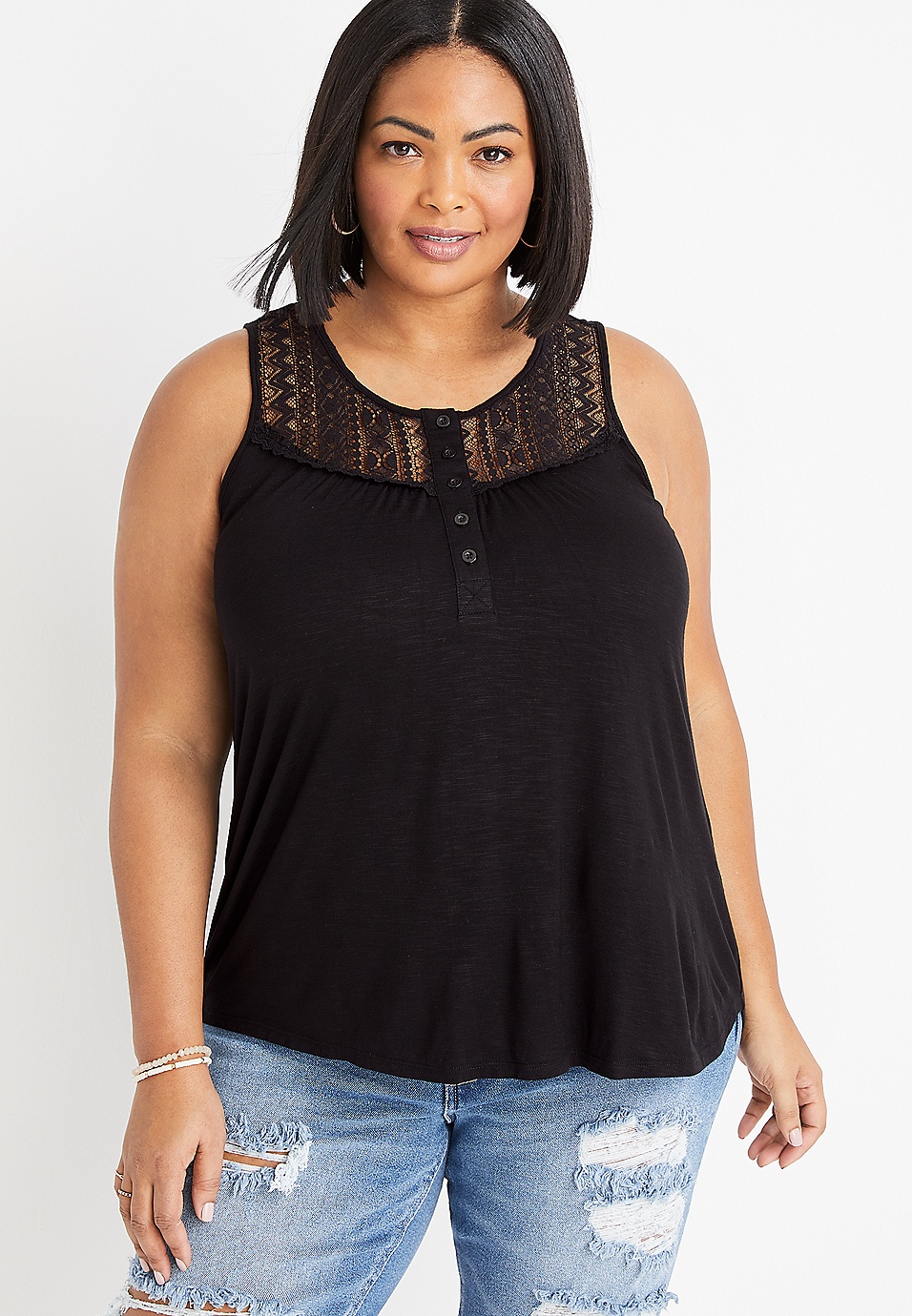 Plus Size Solid Henley Lace Tank Top