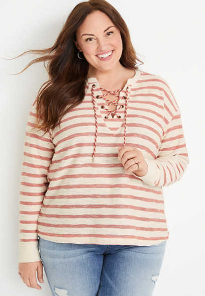 Plus Size Striped Lace Up Sweatshirt