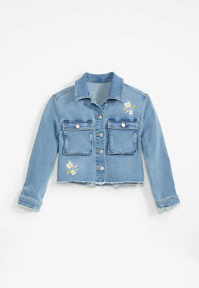 Girls Flower Embroidered Denim Jacket