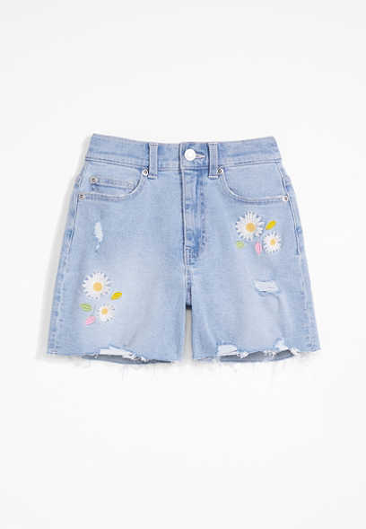 Girls High Rise Flower Embroidered 4in Shorts