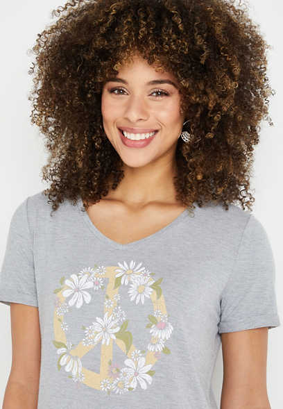 Floral Peace Sign V Neck Graphic Tee
