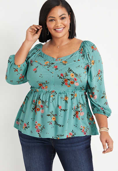 Plus Size Teal Floral Babydoll Top