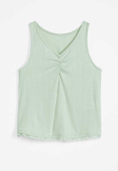 Girls Ribbed Cinched Front Lace Trim Tank Top