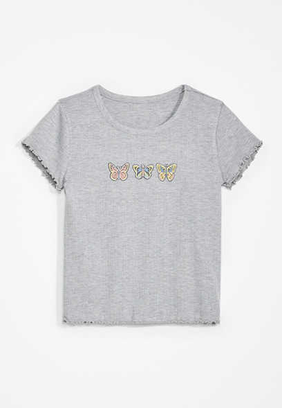 Girls Ribbed Gray Butterfly Tee