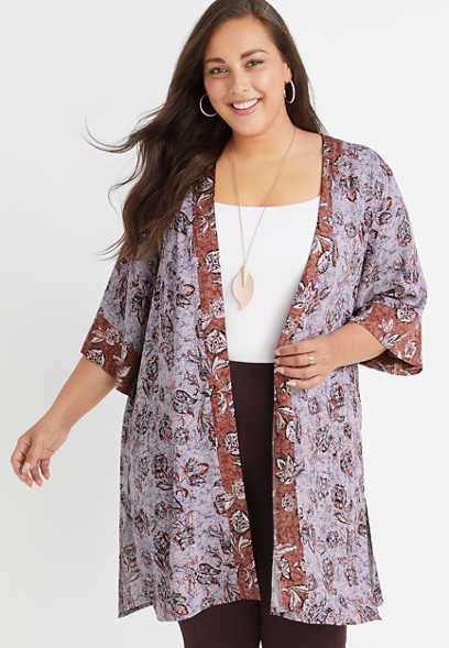 Plus Size Mixed Border Print Kimono