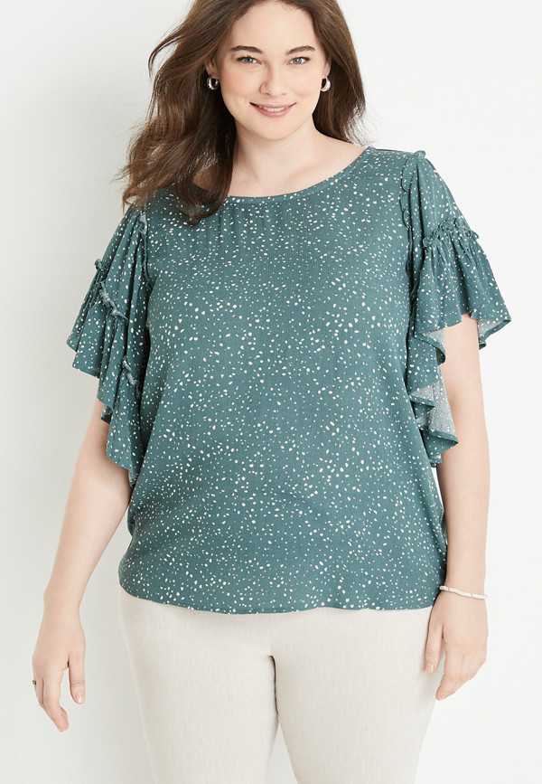 Plus Size Green Dot Flutter Sleeve Blouse | maurices