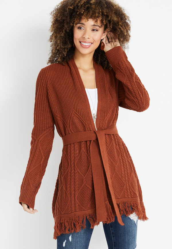 Rust Belted Fringe Cardigan | maurices