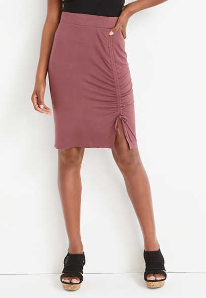 Solid Ruched Midi Skirt