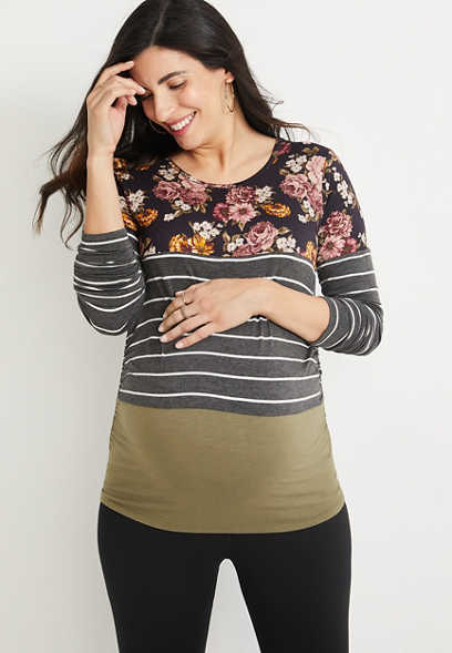 24/7 Flawless Floral Striped Long Sleeve Maternity Top