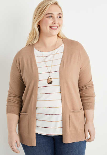 Plus Size Solid Open Front Pocket Cardigan
