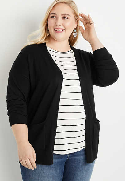 Plus Size Solid Open Front Pocket Cardigan