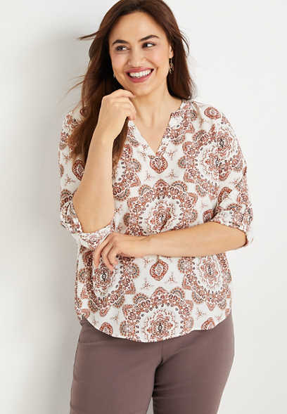 Plus Size Atwood Medallion 3/4 Sleeve Popover Blouse