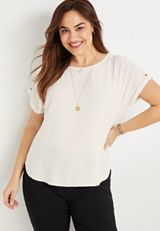 Plus Size Delton Solid Zipper Back Blouse, SOFT WHITE, small