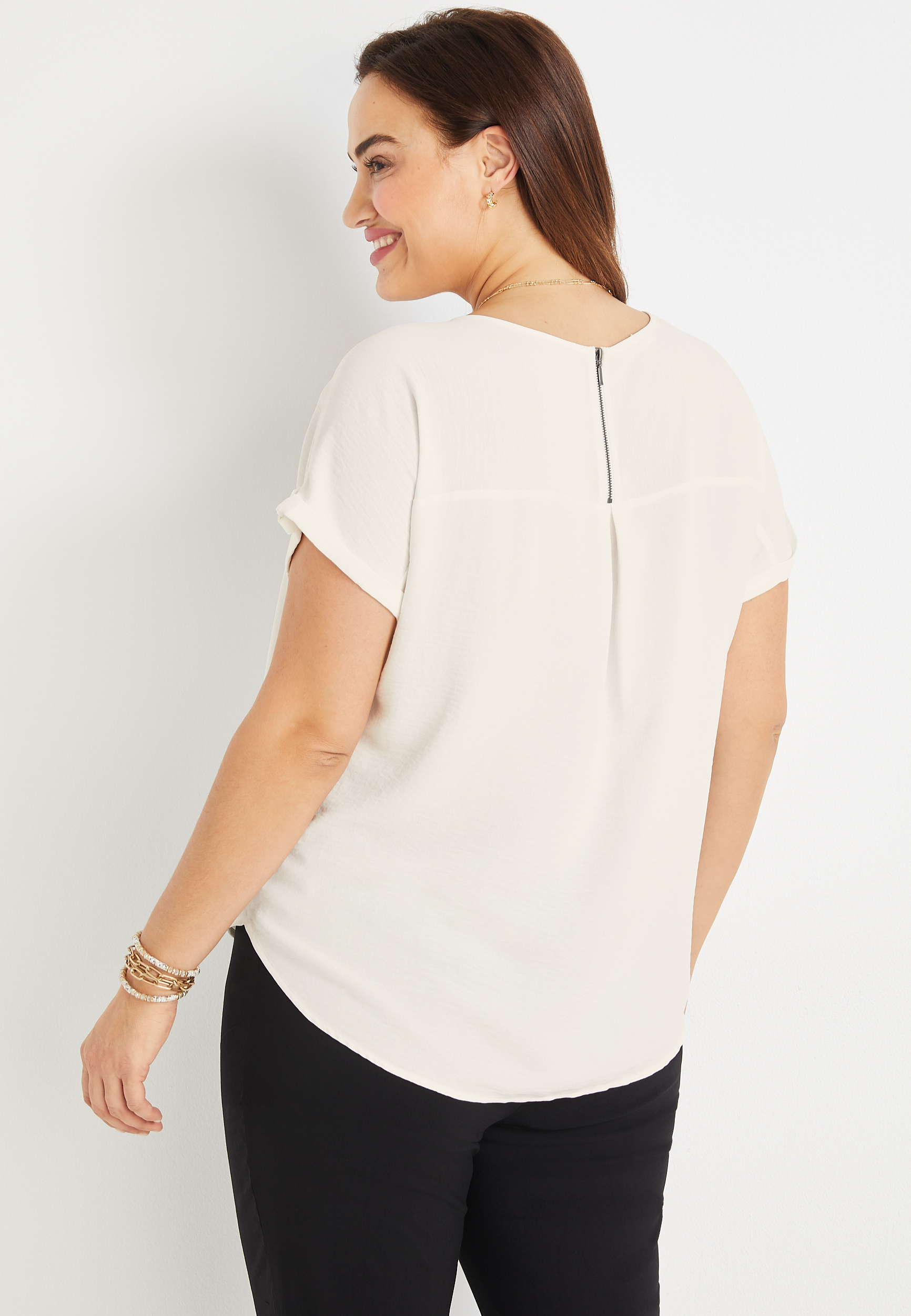 Plus Size Delton Solid Zipper Back Blouse, SOFT WHITE, large