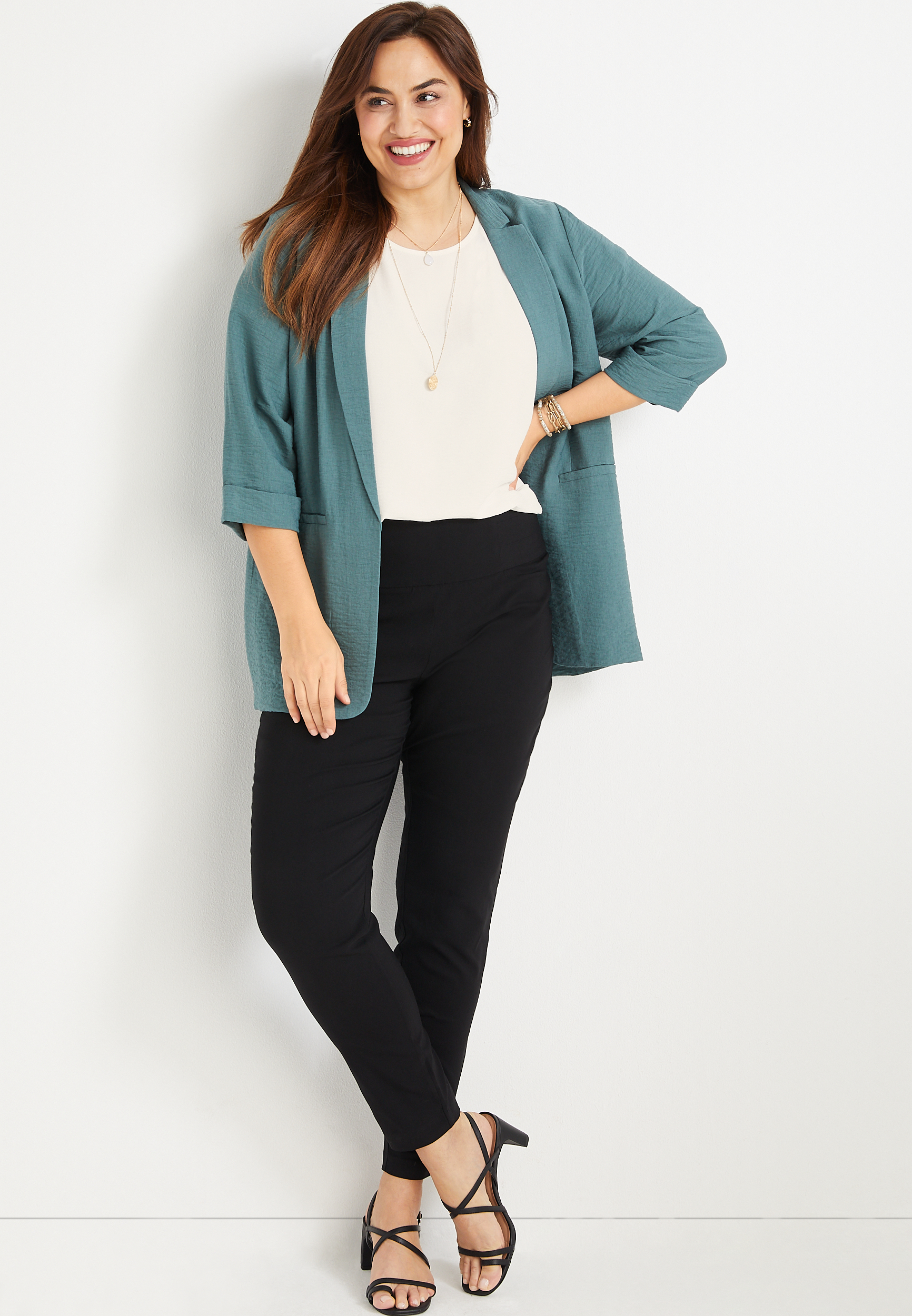 Plus Size Delton Solid Zipper Back Blouse, SOFT WHITE, large
