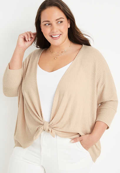 Plus Size Waffle Tie Front Cardigan