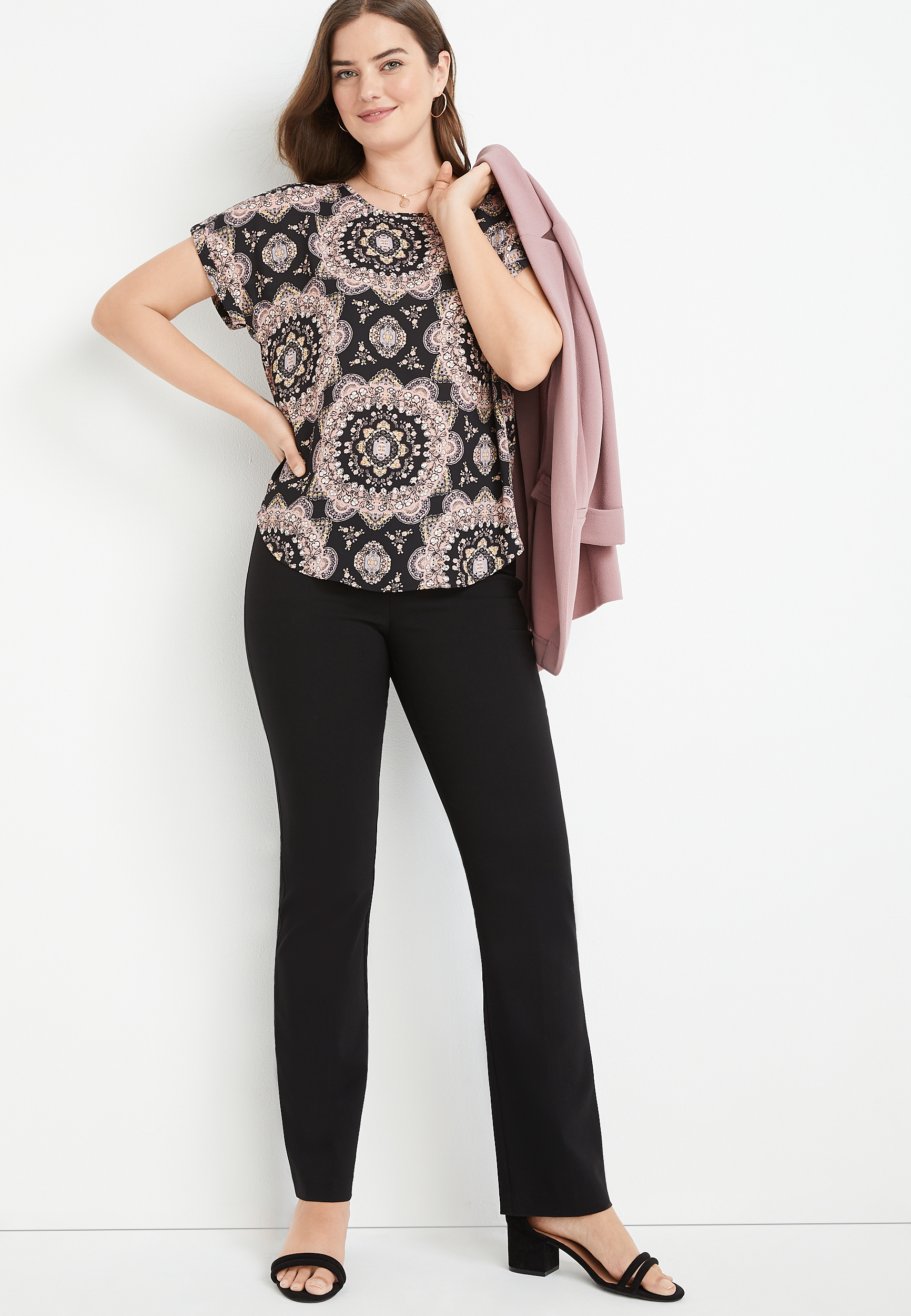 Delton Zipper Back Blouse, BLACK COMBO, large