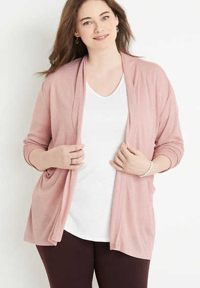 Plus Size Solid Textured Long Sleeve Cardigan