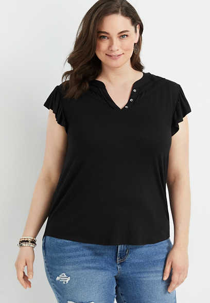 Plus Size Solid Henley Flutter Sleeve Top