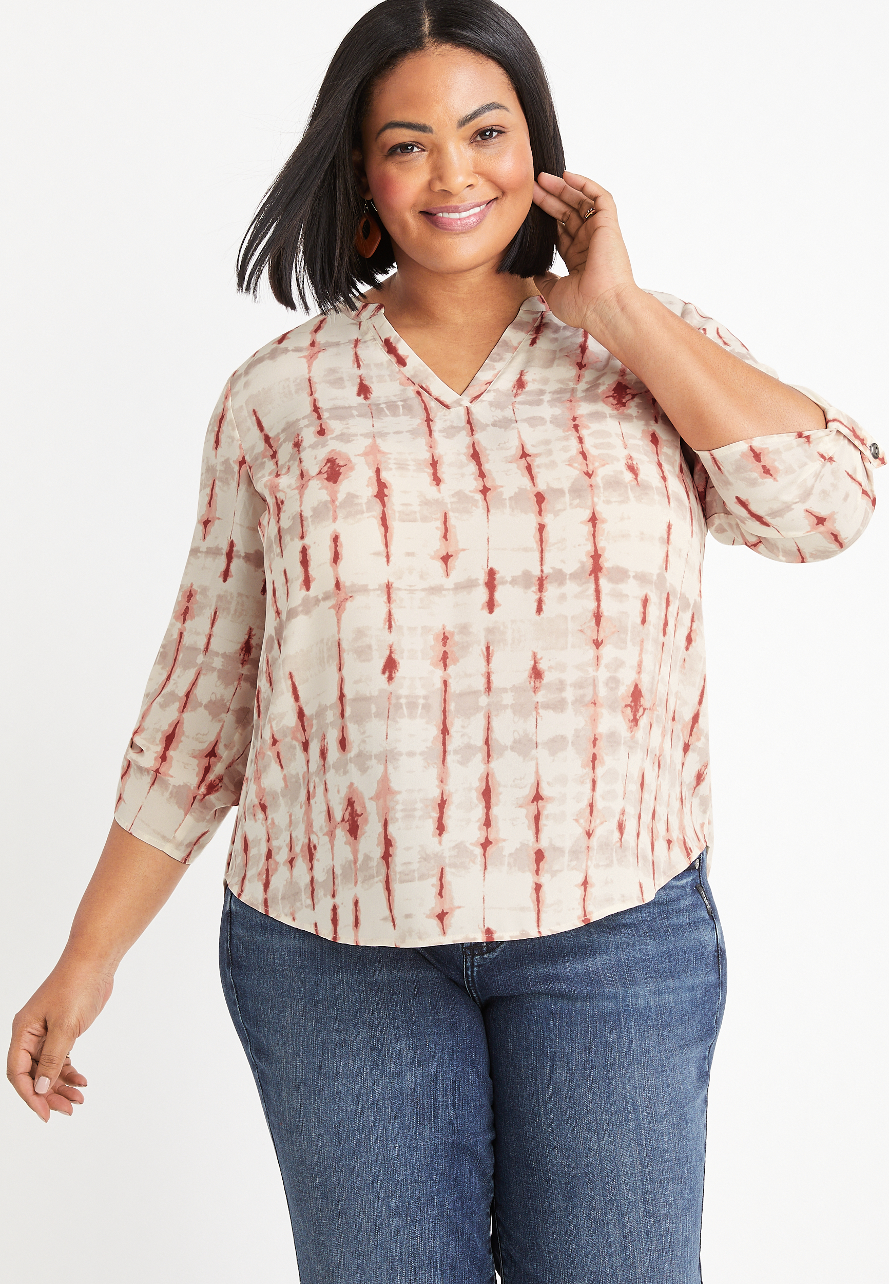 Plus Size Atwood White Tie Dye 3/4 Sleeve Popover Blouse | maurices