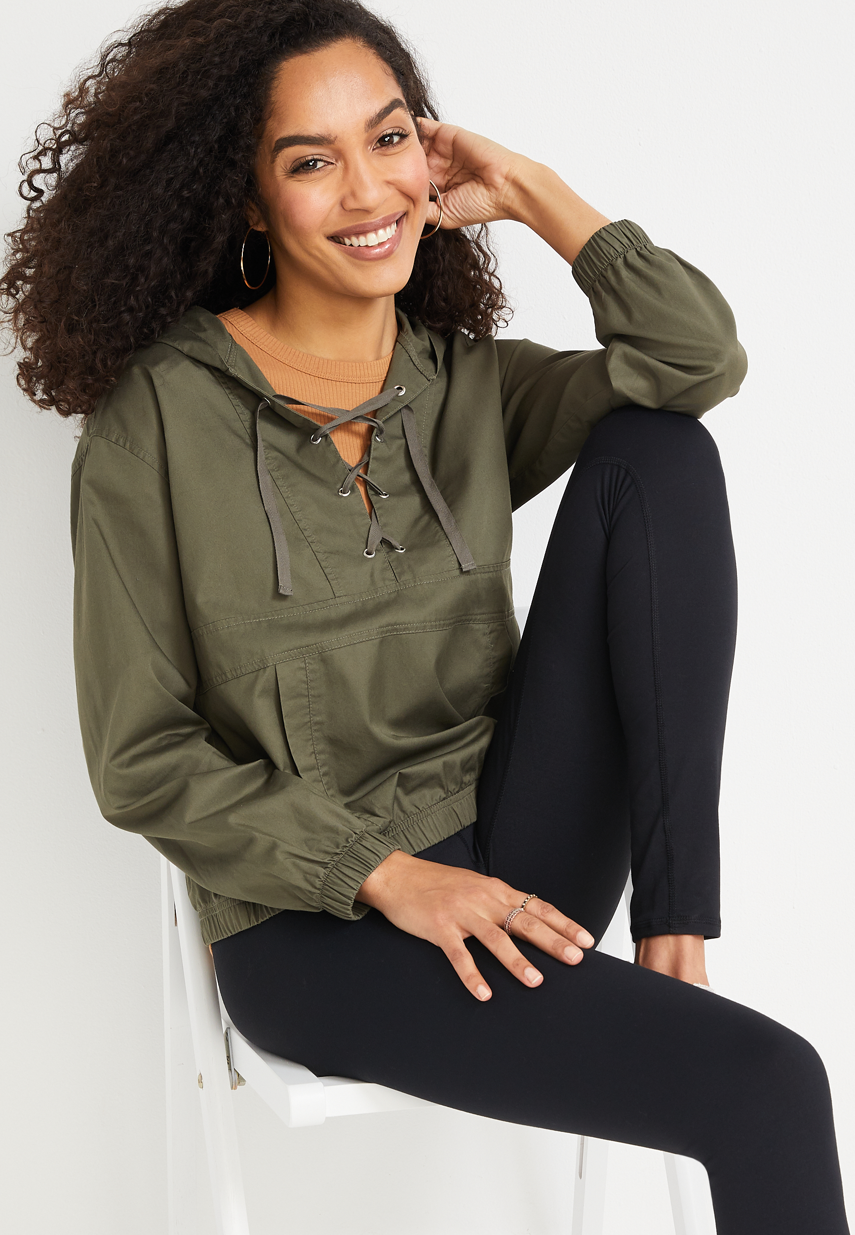 Lace Up Cinched Hooded Jacket, C186, large
