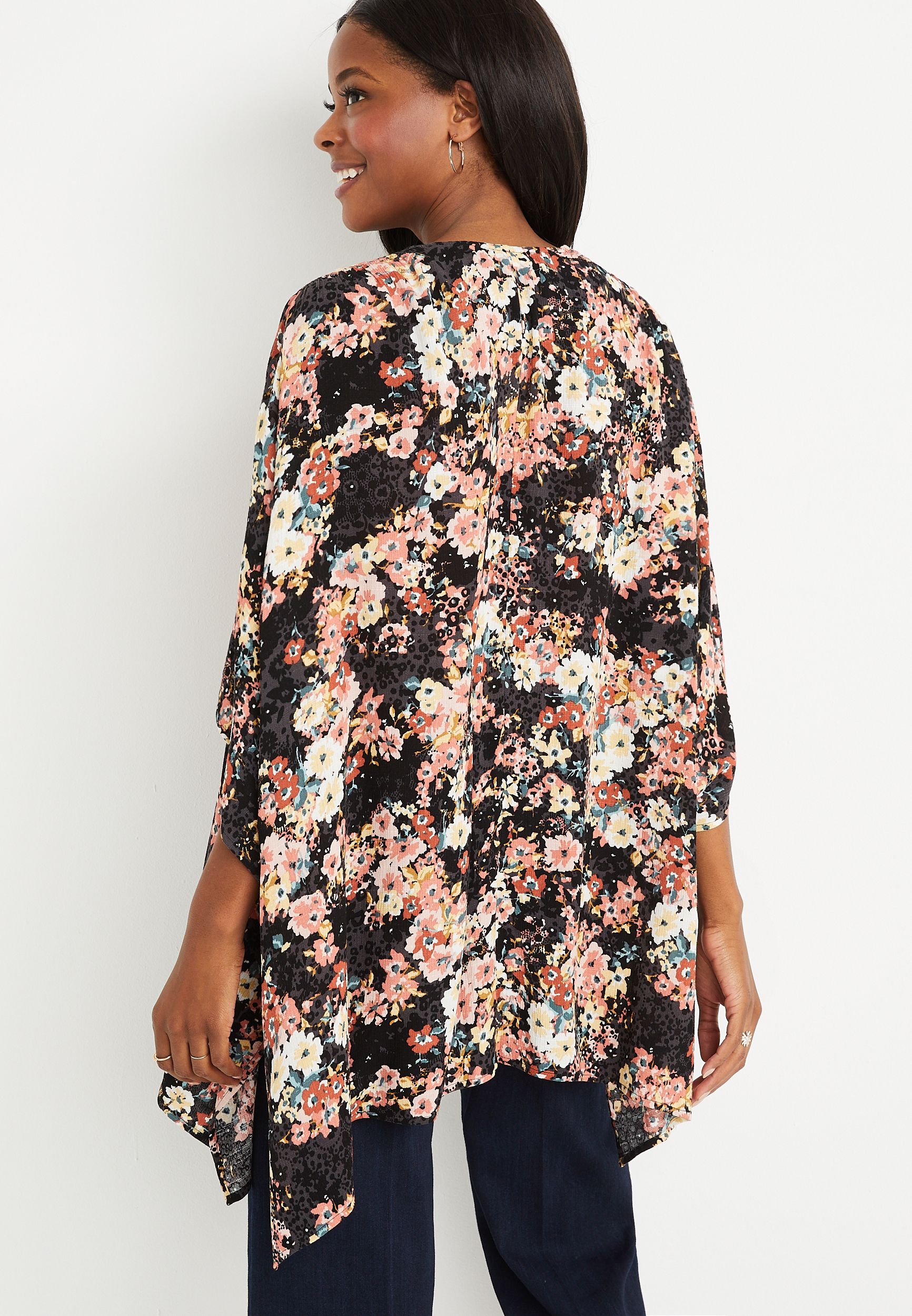 Smocked Shoulder Floral Kimono, C1756, large