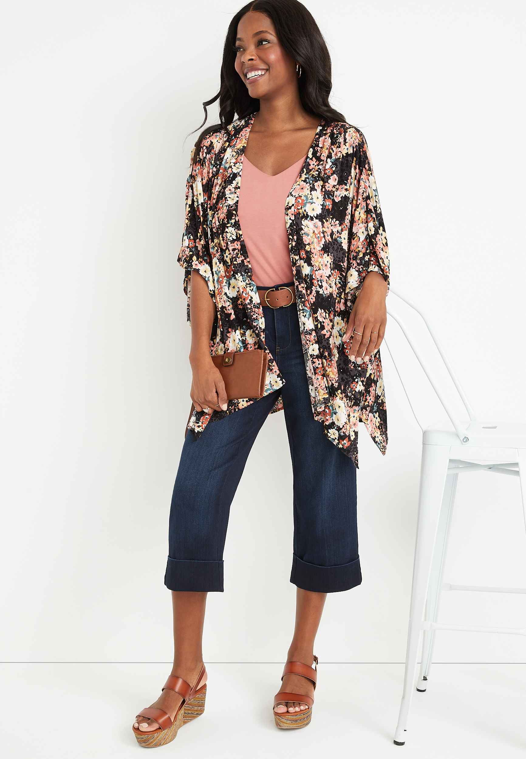 Smocked Shoulder Floral Kimono, C1756, large
