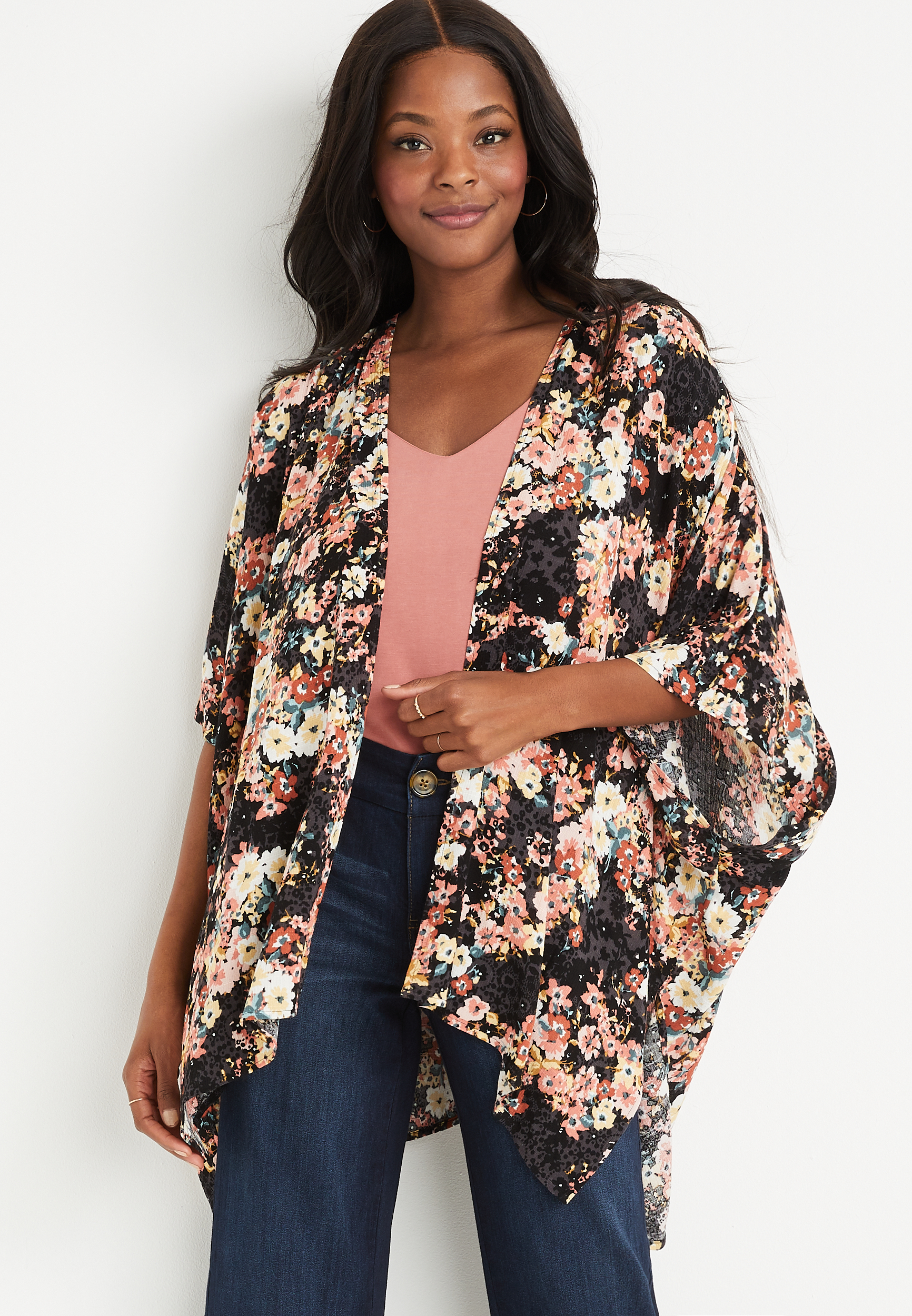 Smocked Shoulder Floral Kimono, C1756, large