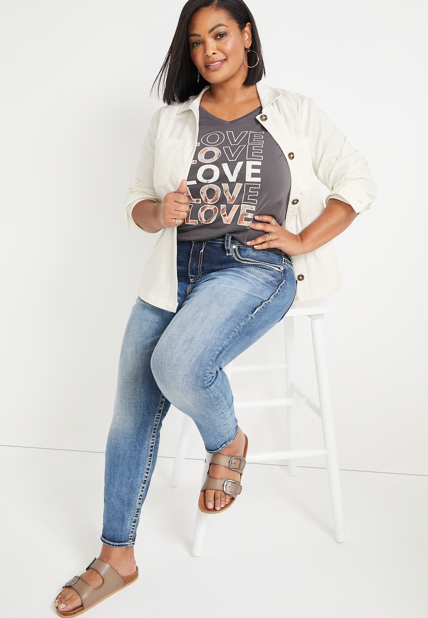 Plus Size Solid Button Down Jacket, , large