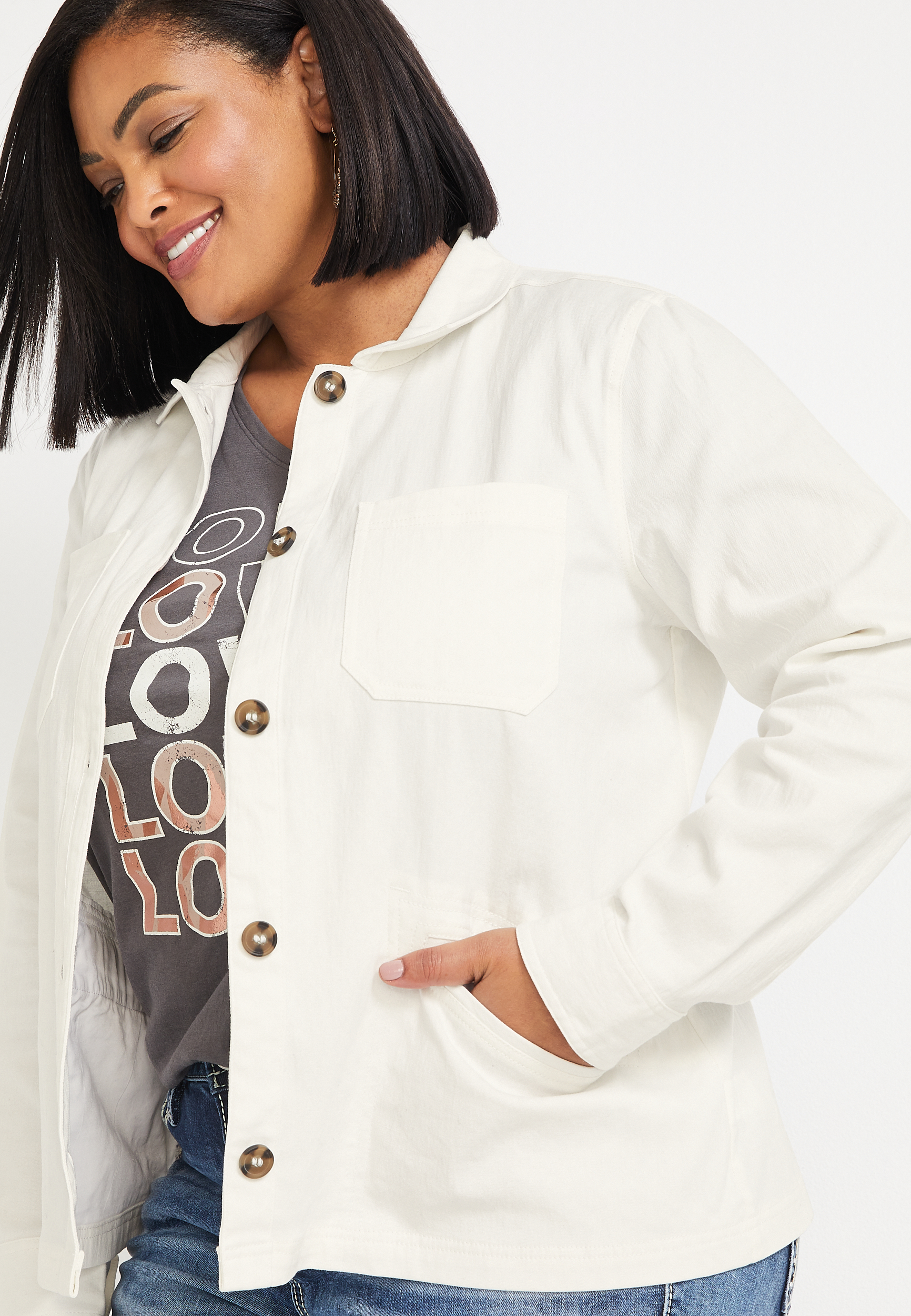Plus Size Solid Button Down Jacket, , large