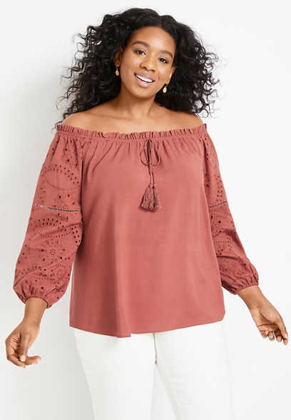 Plus Size Solid Eyelet Sleeve Off The Shoulder Top
