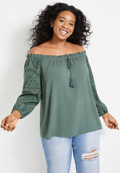 Plus Size Solid Eyelet Sleeve Off The Shoulder Top