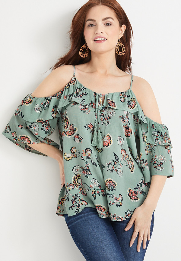Floral Ruffle Trim Cold Shoulder Top | maurices