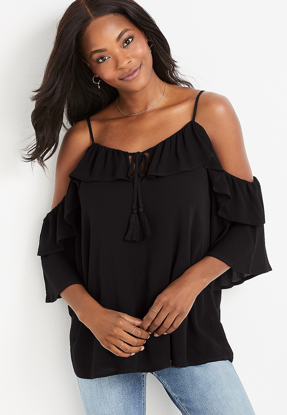 Solid Ruffle Trim Cold Shoulder Top