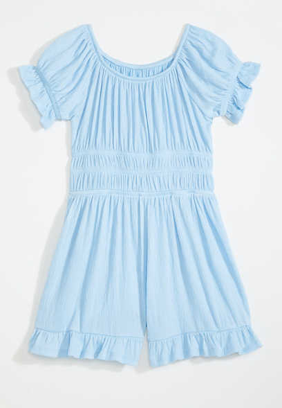 Girls Ruched Solid Puff Sleeve Romper