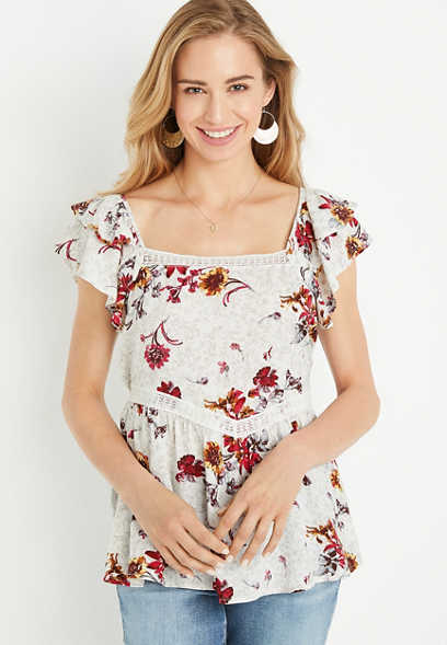 Floral Lace Embroidered Flutter Sleeve Babydoll Top 