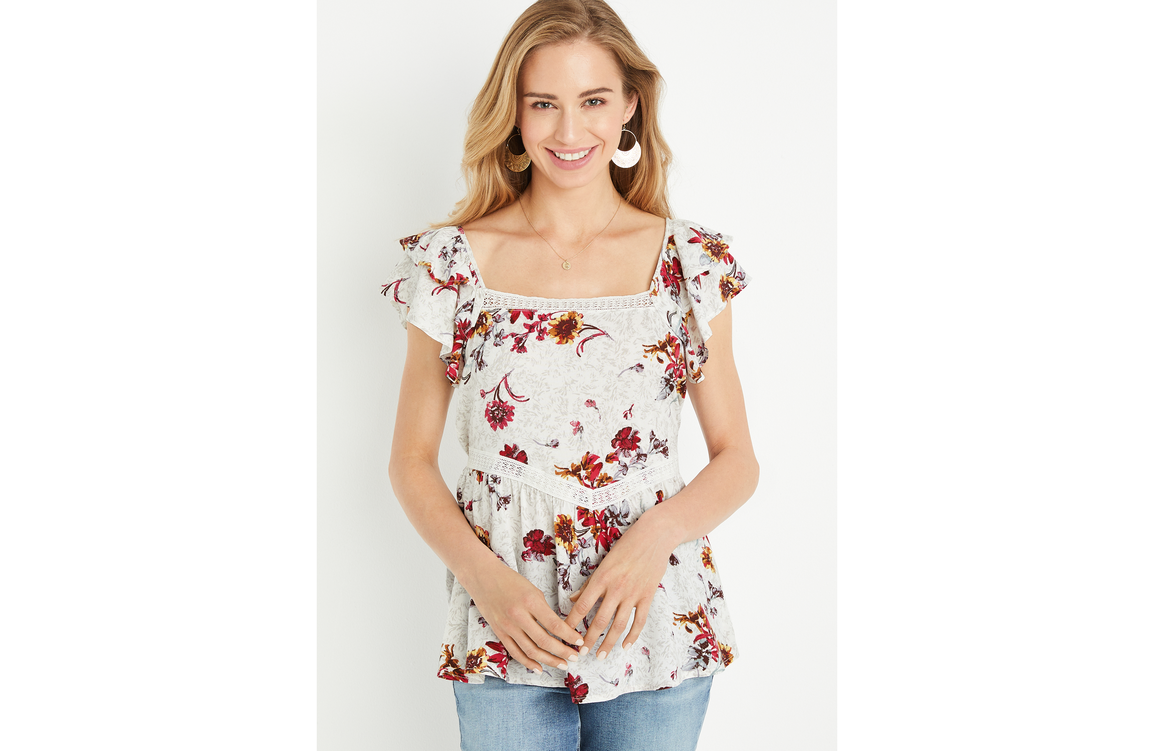 Floral Lace Embroidered Flutter Sleeve Babydoll Top