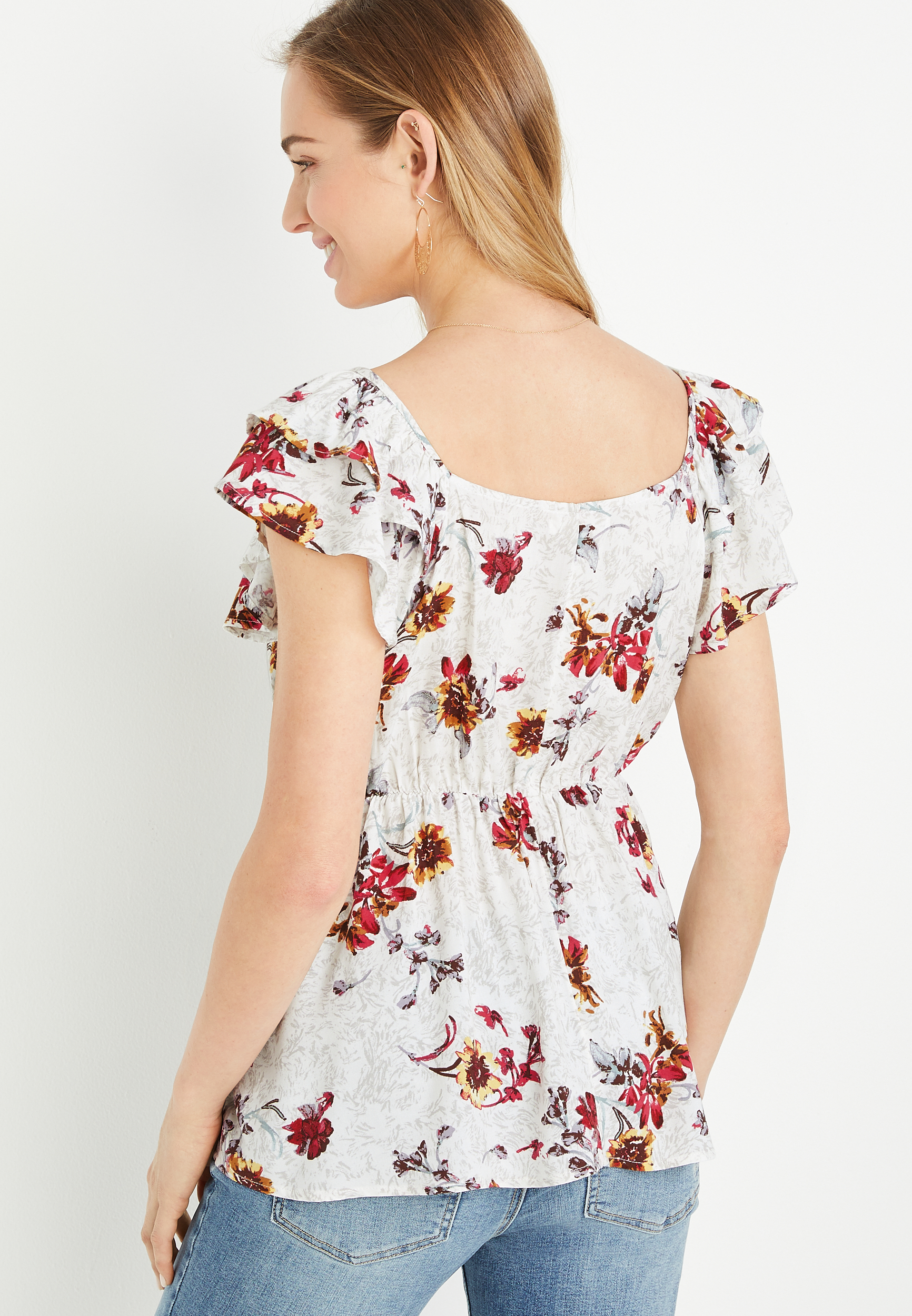 Floral Lace Embroidered Flutter Sleeve Babydoll Top, SOFT WHITE COMBO, large