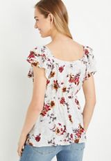 Floral Lace Embroidered Flutter Sleeve Babydoll Top, SOFT WHITE COMBO, small