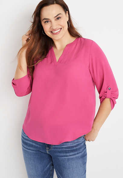 Plus Size Atwood Pink 3/4 Sleeve Popover Blouse