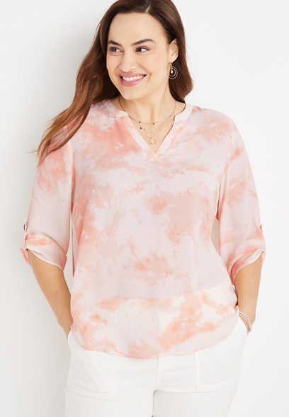 Plus Size Atwood Pink Tie Dye 3/4 Sleeve Popover Blouse