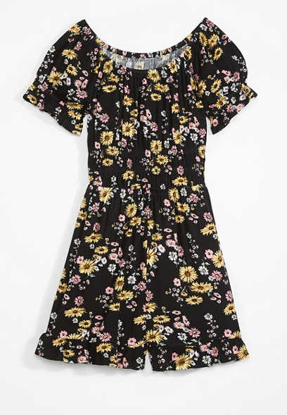 Girls Ruched Floral Puff Sleeve Romper
