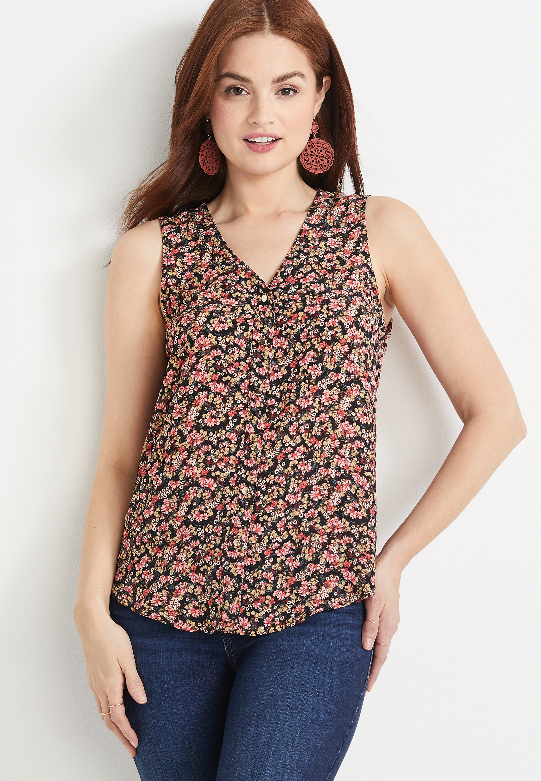 Madison Ditsy Floral Button Down Tank Top | maurices